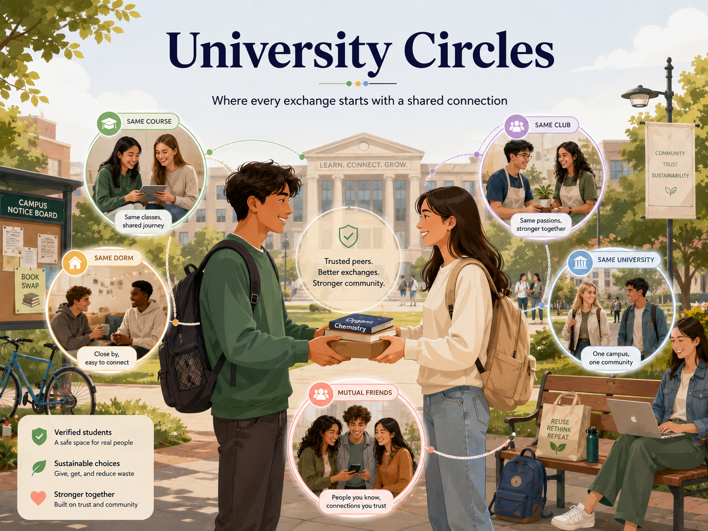 Students exchanging books on a university campus